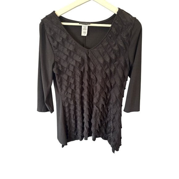 Brittany Black Ruffle V Neck Blouse Women's S Stretchy 3/4 Sleeve Top Whimsygoth - Picture 1 of 8